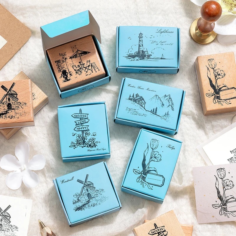 Scrapbooking - Vintage houten rubberstempels, retro landschapsmotief met
