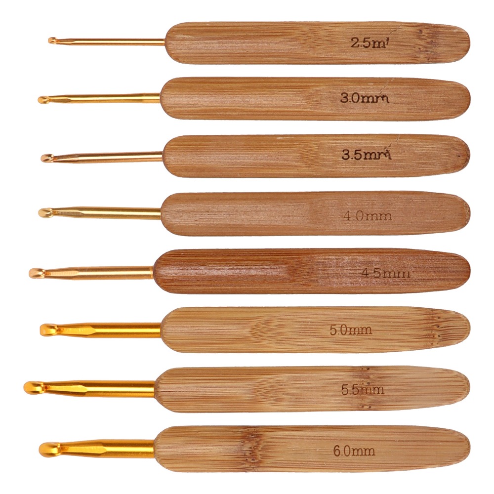 Wooden Crochet Hooks Ergonomic Handle - 8-delige set haaknaalden, maten 2,5-6 mm,